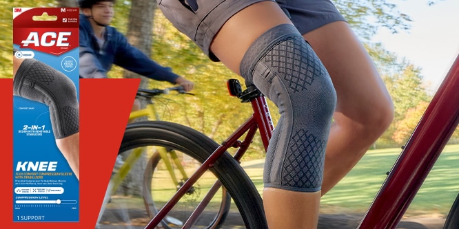 ACE Flex comfort Compression Knee Sleeve on a person bikin.
