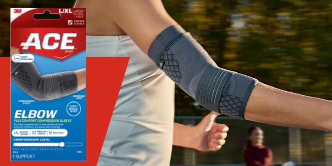 ACE Flex comfort Compression Elbow Sleeve on a person playing tennis.

