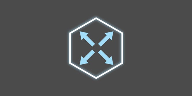 A light blue and white icon with 4 arrows pointing outward from the center of a circle, on a dark grey background depicting 4 way stretch.
