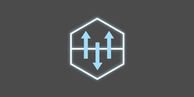 A light blue and white icon with arrows inside a circle pointing up and down, on a dark grey background depicting breathability and moisture wicking.
