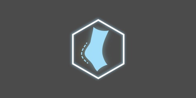 A light blue and white icon with a heel of a foot within a circle, on a dark grey background depicting reduced chafing and rubbing.
