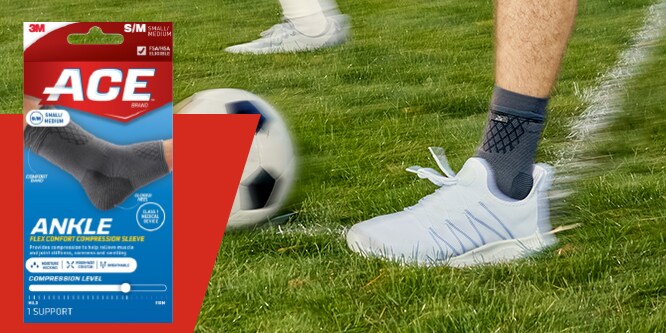 ACE Flex comfort Compression Ankle Sleeve on a person playing soccer.
